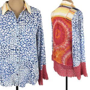Ruby Yaya Button Down Tie Dye Tunic Shirt Crochet Lace